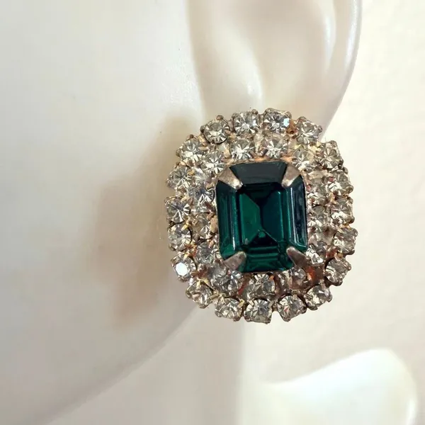 Vintage Emerald Cut Green Rhinestone Halo Stud Earrings - Image 4