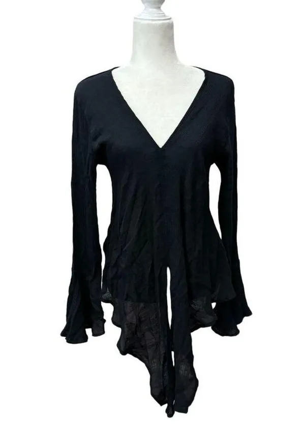 Ruffled Bell Sleeve V-Neck Black Tunic Top Asymmetrical Hem Womens L Gauze - Image 2