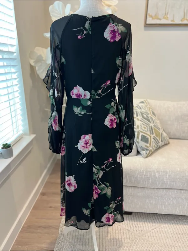 Lulus Once And Flor All Black Floral Print Long Sleeve Woman’s Midi Dress size L - Image 6