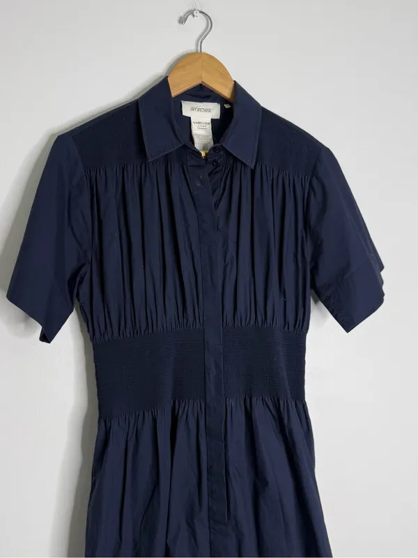 Sportmax Navy Midi Shirt Dress Size 10 Smocked Waist Button Front Pockets - Image 4