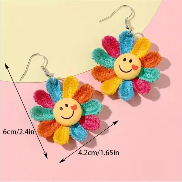 Rainbow Color Sunflower Smiling Face Design Dangle Earrings‎ Cute Knit Style - Image 4