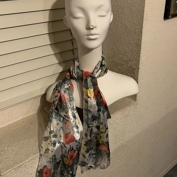 Vintage Silk Feel Scarf Korea Rectangular Floral Sage Yellow Peach 13.5 X 57 in - Image 3