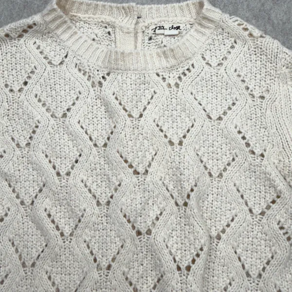 Pointelle Sweater Womens XS Cream Boho Cottagecore Grandma Coquette Crochet - Image 7