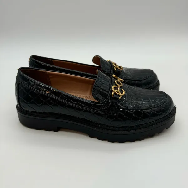 Circus by Sam Edelman Deana Lug Sole Loafers – Black Croc-Embossed,Gold Hardware - Image 4