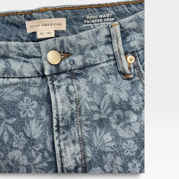 Good American Good Waist Palazzo Crop Floral Denim Wide Leg Jeans Blue 10/30 - Image 6