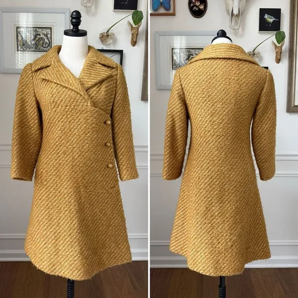 Vintage 60s Franklin Simon New York Mustard Gold Side Button Coat S M - Image 2