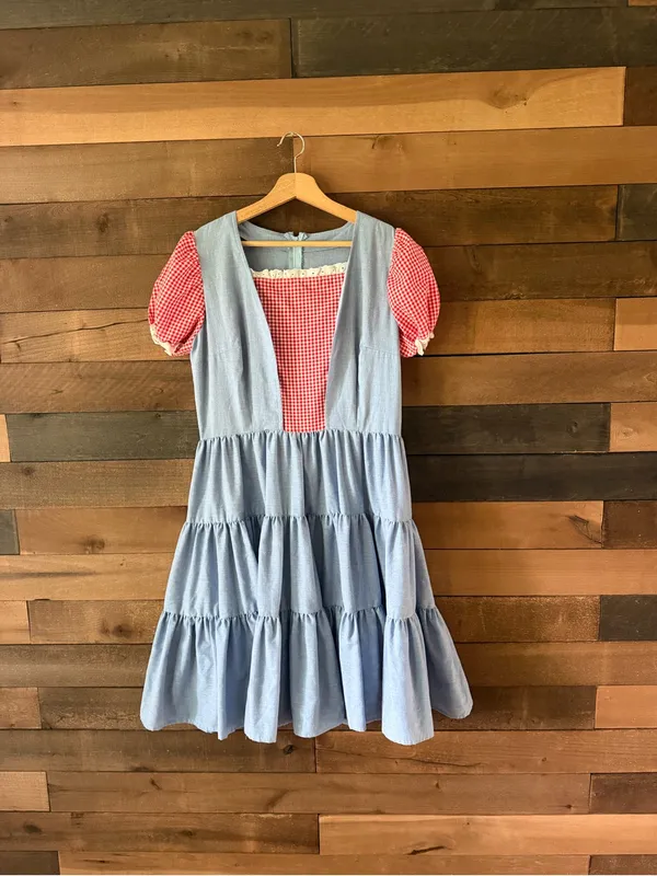 Vintage Handmade Blue Red Gingham Prairie Dress Cottagecore Puff Sleeve - Image 14