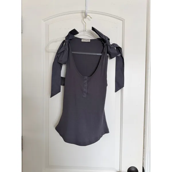 Ulla Johnson Tank Top Women P Grey Ribbed Cotton Tie Shoulder Henley Scoop Neck‎ - Image 6