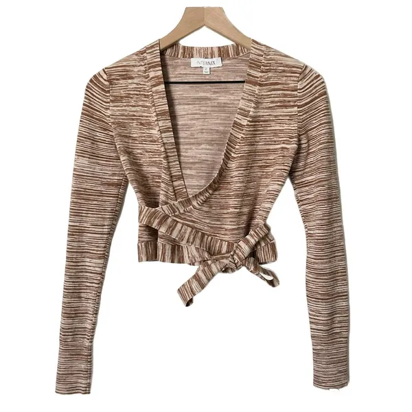 Intermix Celeste Wrap Crop Top Brown Space Dye Long Sleeve V-Neck Tie Side Sz XS - Image 2