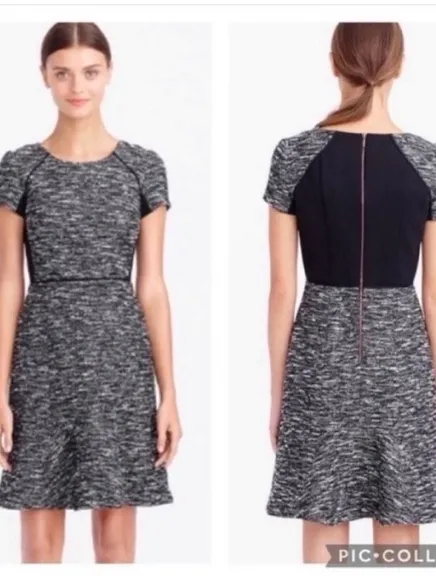 J.Crew Textured Tweed Fit & Flare Dress Black White Short Sleeve Size 2 - Image 2