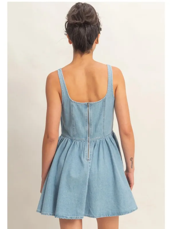 NEW Double Zero Scoop Neck Denim Mini Dress Large 100% Cotton Size L - Image 4