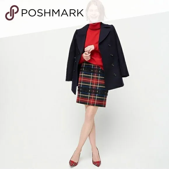 J. Crew Tartan Plaid Wool Blend Tweed Mini Skirt with Black Glitter Accemts - Image 3