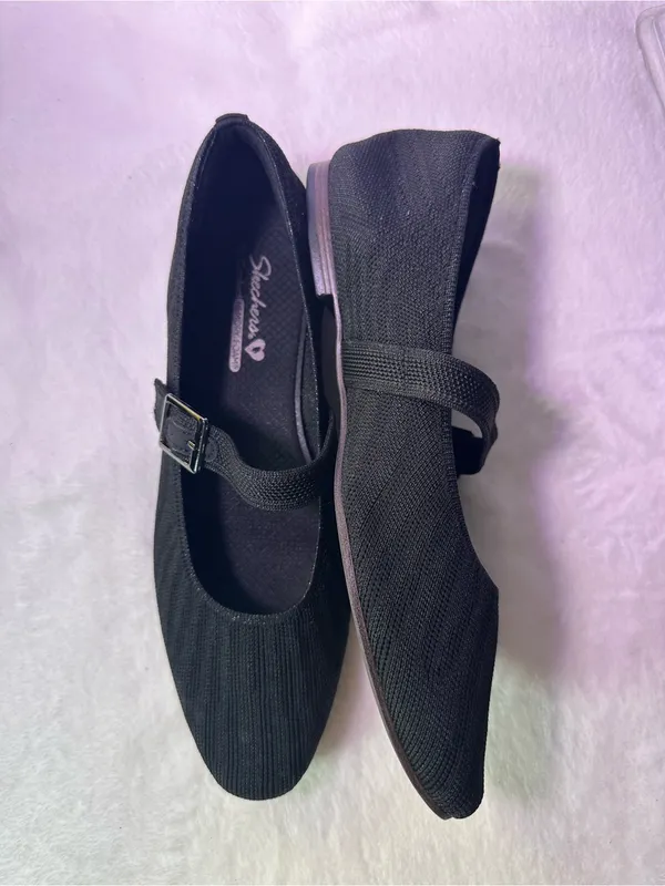 Skechers Black Mary Jane Pointed Ballet Flat with Buckle - Image 6