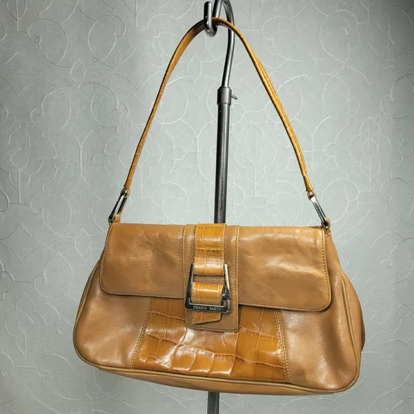 VTG Franco Sarto Y2K Leather Shoulder Bag Tan Alligator Trim Baguette Purse - Image 3