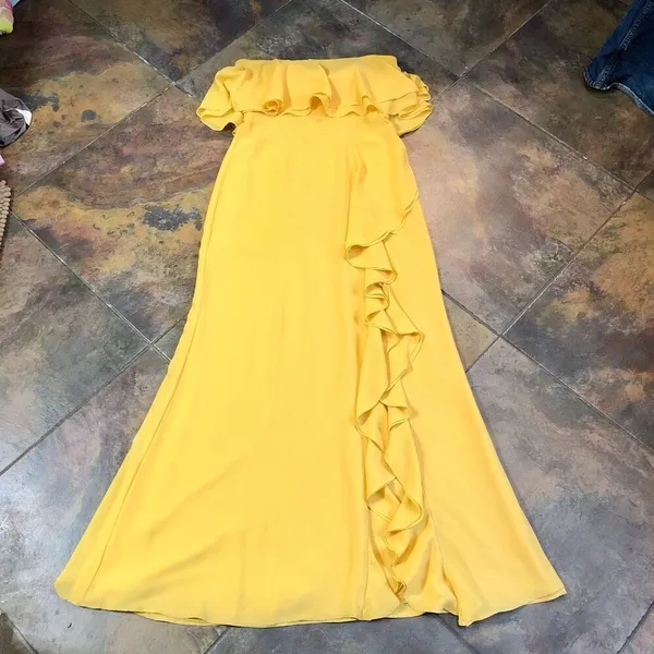 Lovers + Friends Women’s Yellow Strapless Ruffle High Slit in Front Jeadora Gown - Image 17