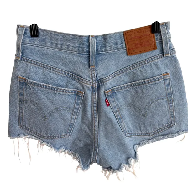 Levis Premium 501 Original High Rise Light Wash Distressed Denim Shorts W25 - Image 2
