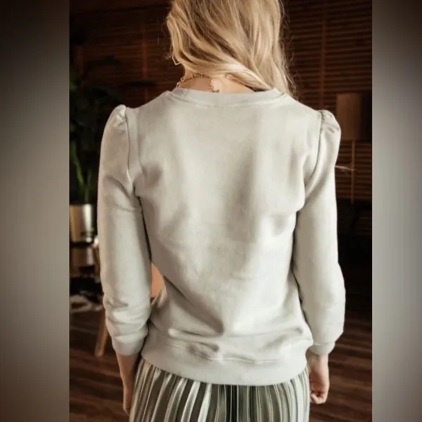 Bohme Light Green Textured Puff Shoulder Sweatshirt Cozy Neutral XS - Image 10
