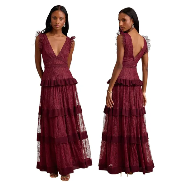 Lulus Marvelous Darling Burgundy Ruffled Tiered Maxi Dress size XS NWT - Image 2