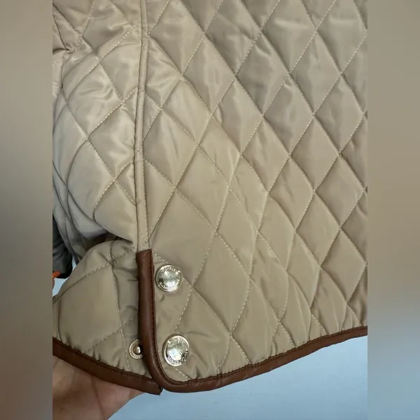 Michael Kors Quilted Jacket Tan Brown Trim Gold Zip Snap Coat Small - Image 9