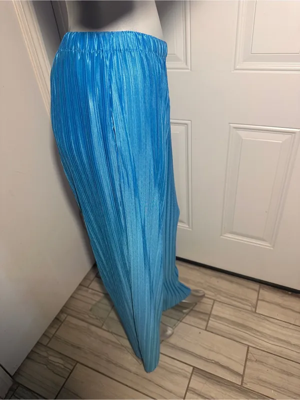 FRNCH Nouma Blue Pleated Wide Leg Pants Size M NWT Parisian Plisse Satin Trouser - Image 9