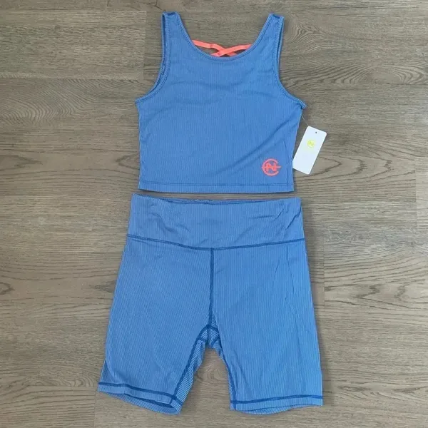 Nautica Blue Ribbed Biker Short Set Crop Top‎ Athleisure Gym Pilates Size M NWT - Image 3