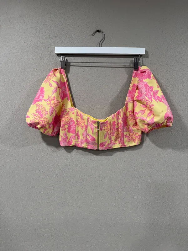 White Fox Yellow & Pink Floral Puff Sleeve Crop Top - Image 2