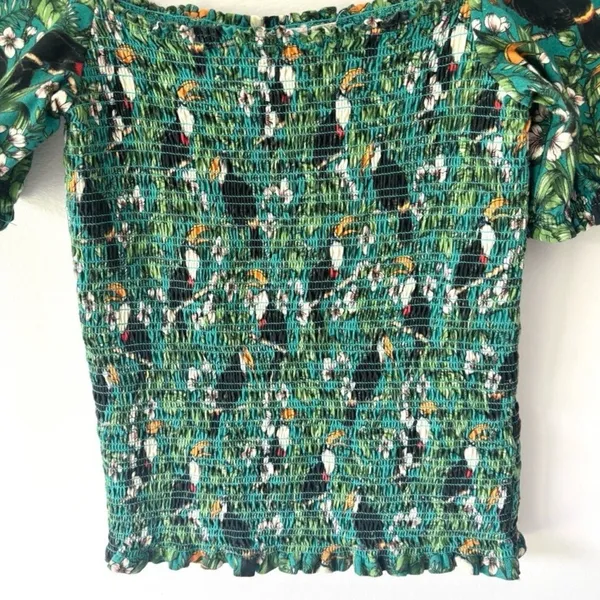 Anthropologie Dolan Left Coast Smocked Puff Sleeve Green Toucan Print Top Floral - Image 4