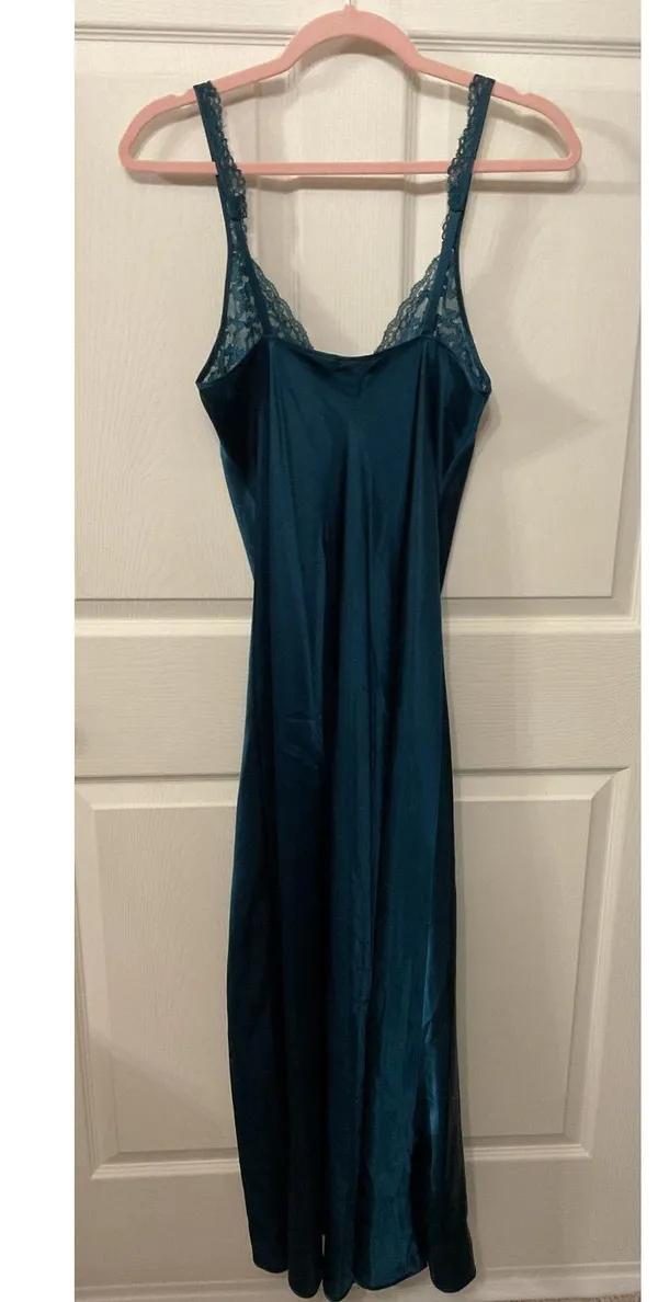 Vintage Victoria’s Secret Gold Label Satin Lace Teal Slip Side Slit Gown, M - Image 6