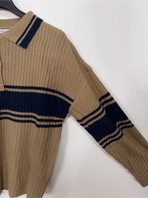 Miss Sparkling Camel Navy Striped Polo Collar Knit Sweater - Image 4