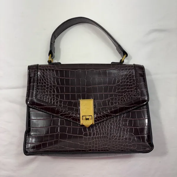 ALDO Brown Vegan Croc Leather Square Clasp Closure Flap Purse Crossbody Strap - Image 4