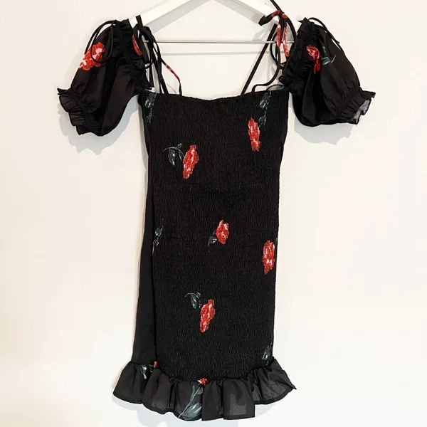 Starlow Senorita Dress Size XS Black Floral Smocked Milkmaid‎ Mini Dark Coquette - Image 10