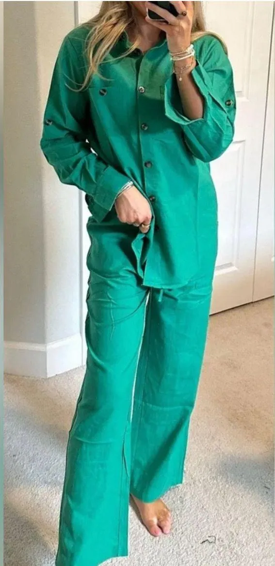 Green Button-Up Shirt and Pants Outfit Set - Image 2