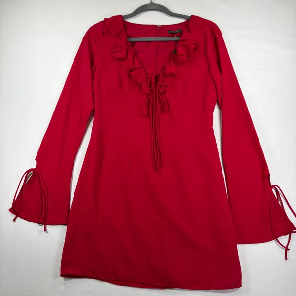 Red Wild Fable Small Dress Mini Ruffle Bell Sleeve Ties Small Festive Holiday‎ - Image 2