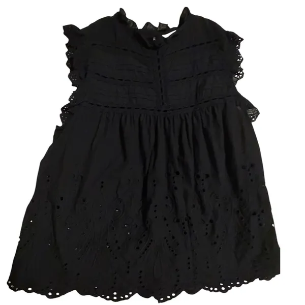 Adiva Black Eyelet Embroidered Sleeveless Top Ruffle‎ Neck Cotton Blouse Large - Image 2