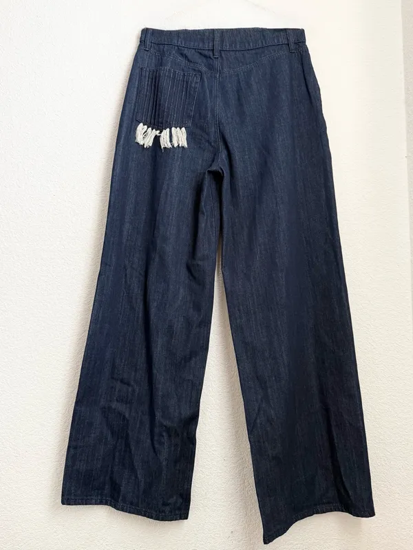 TORY BURCH Tilly Jean Fringe Pocket Dark Indigo High Rise Wide Leg Jeans Size 30 - Image 4