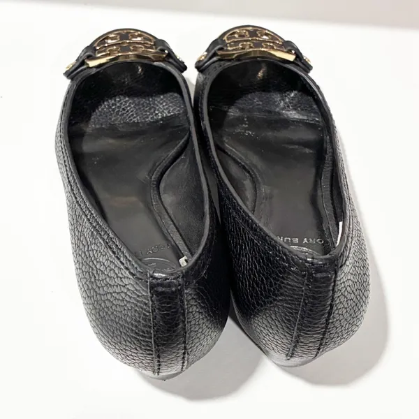 Tory Burch Amanda Demi Wedge Black Open Toe Leather Logo Size 6.5‎ - Image 4