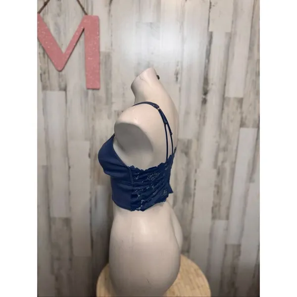 Blue Ribbed Lace Back Bralette Crop Top Medium Blue - Image 3