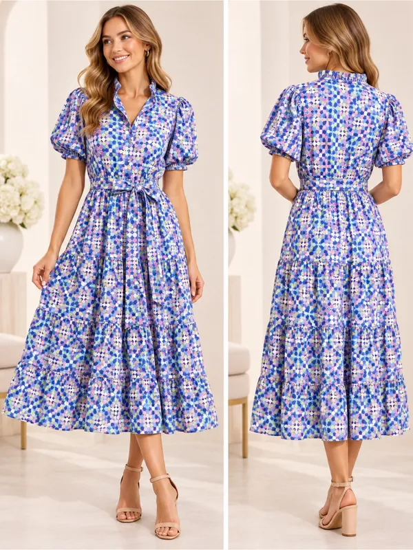 SSYS Athena Puff Sleeve Belted Midi Dress Womens Large Blue Geometric NWOT - Image 2