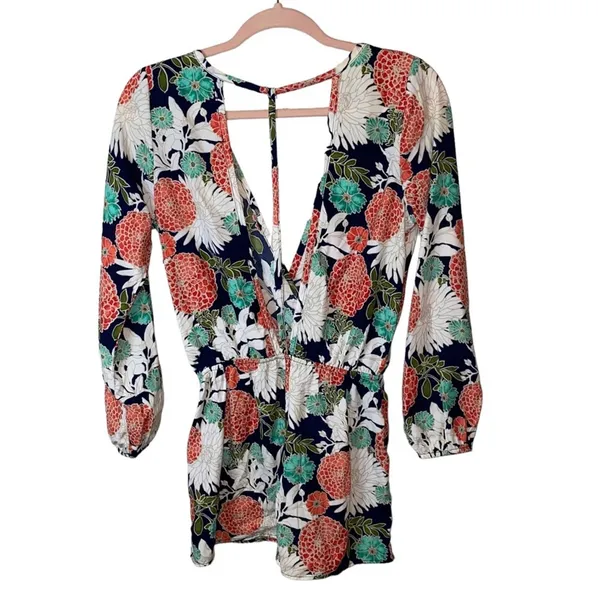 Oober Swank Floral‎ Romper Small Long Sleeve Surplice V Neck Navy Boho Women's - Image 3