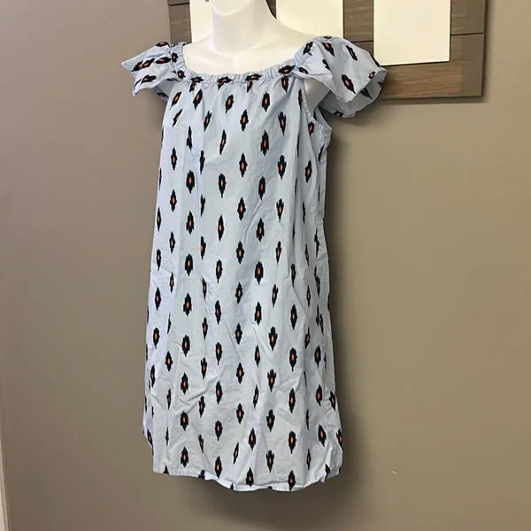 J. Crew Light Blue Cotton Abstract Design Fluttered Sleeve Sundress- Small - Image 2