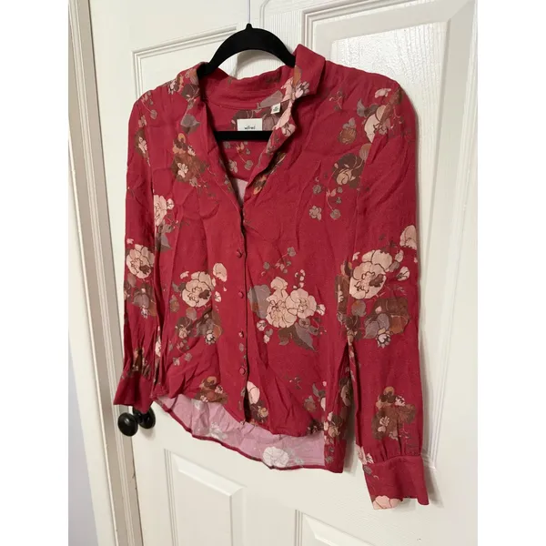 Wilfred Aritzia‎ Floral Button Down Blouse Red Pink Long Sleeve XS Notched Lapel - Image 4