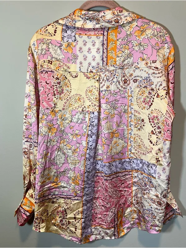 Zara Flowy Satin Button Down‎ Shirt Floral Paisley New Pink Small - Image 9