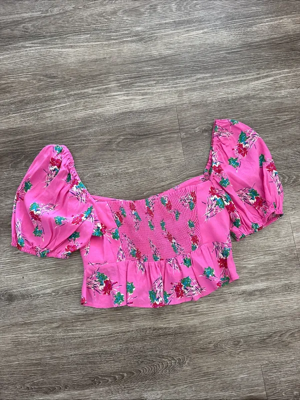 Zara pink floral feminine puff sleeve crop top blouse small - Image 6