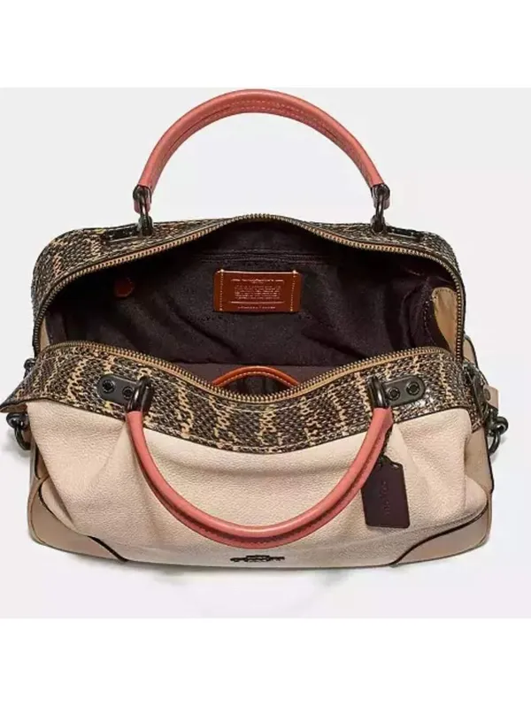 Coach Lane Cream Pebbled Leather Satchel with Coral Handles Snakeskin Detail - Image 8