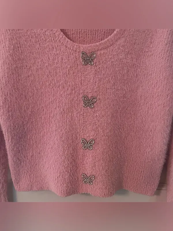 Pink Fuzzy Rhinestone Butterfly Button Long Sleeve Sweater - Image 9