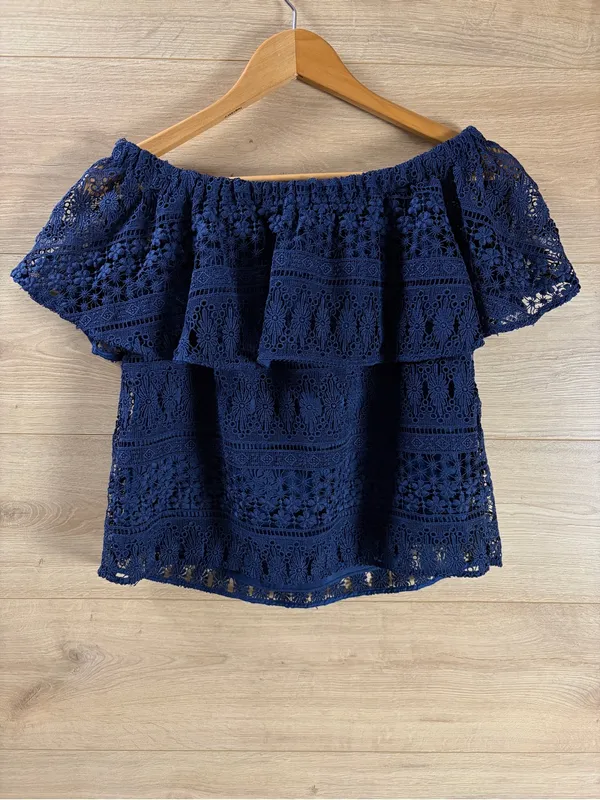LIKELY Off-Shoulder Navy Lace Top XS - Image 8
