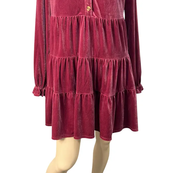 Easel Burgundy Velvet Babydoll‎ Tiered V-Neck Mini Dress Small Ruffle Flowy Boho - Image 4