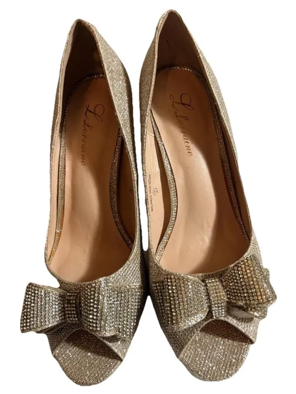 Lauren Lorraine Gold Pump Heels Bow Glitter Peep Toe Slip On Size 9 - Image 3