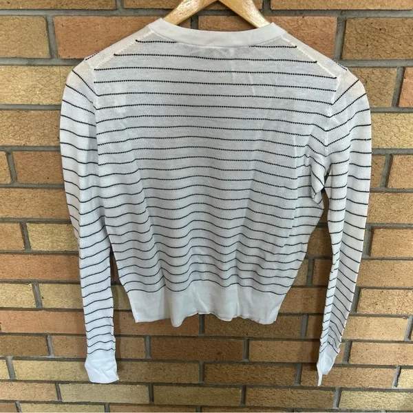 VINCE Cotton Lightweight Mesh White Black Stripe Crewneck Long Sleeve Sweater S - Image 5