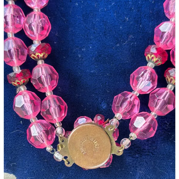 Vintage Pink Red Double Strand Acrylic Glass Bead Necklace Germany 22" MCM - Image 8